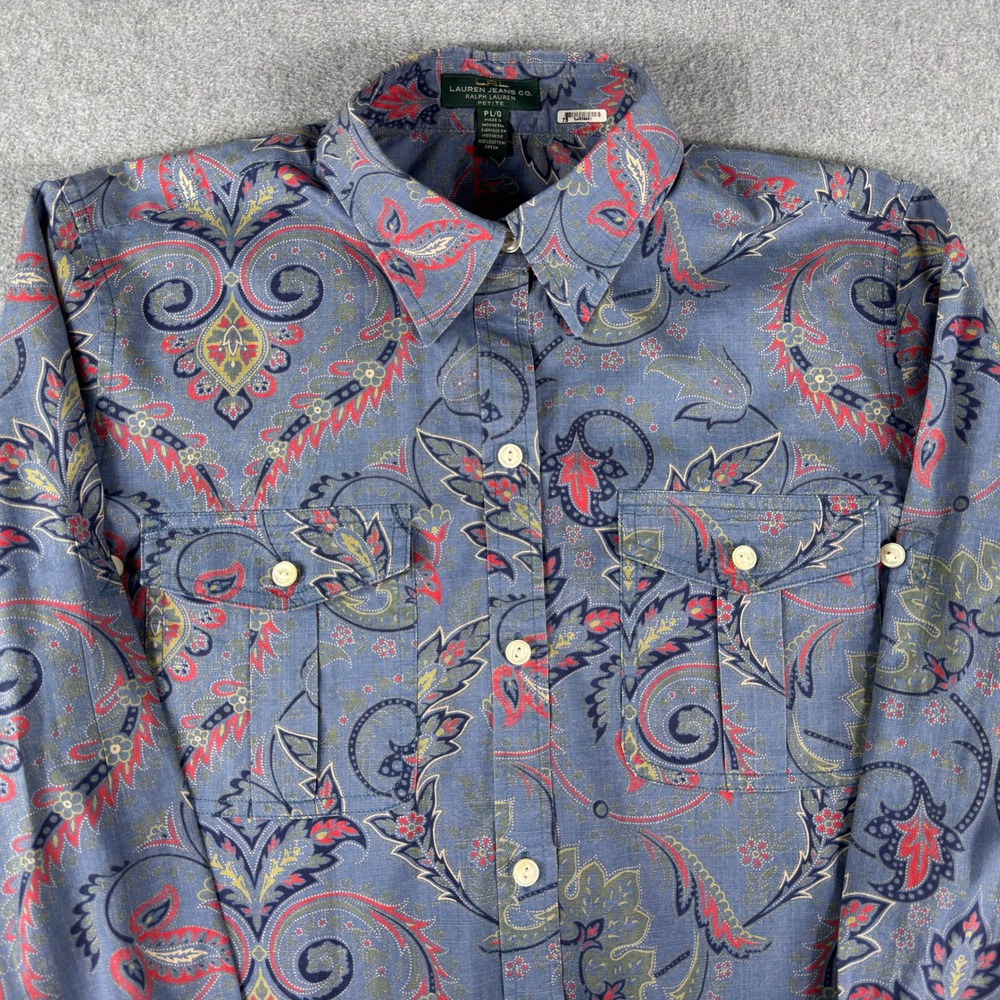 Lauren Ralph Lauren Button Down Womens PL Blue Paisley Long Sleeve Blouse